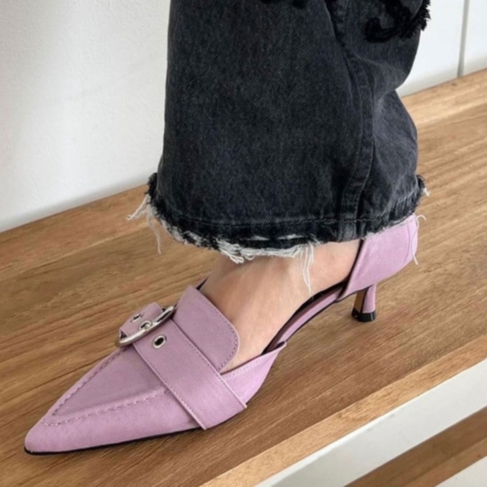 WANTS purple pointy toe buckle heels